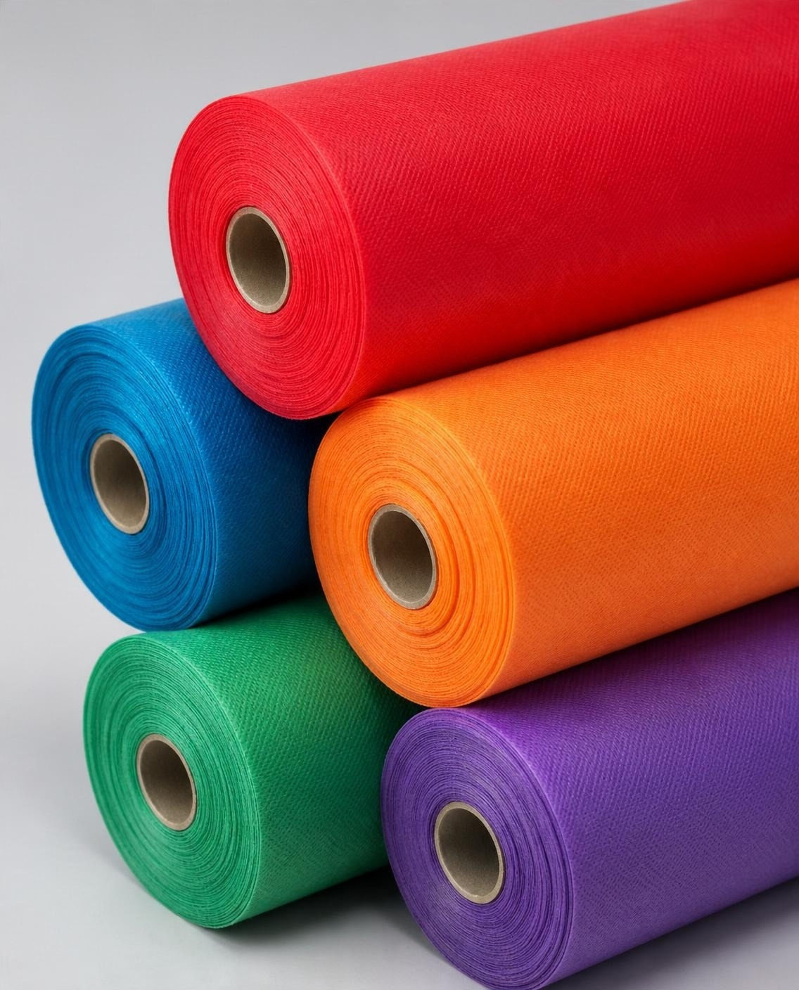 Colored spunbond nonwoven fabric rolls in red, orange, blue, green and purple