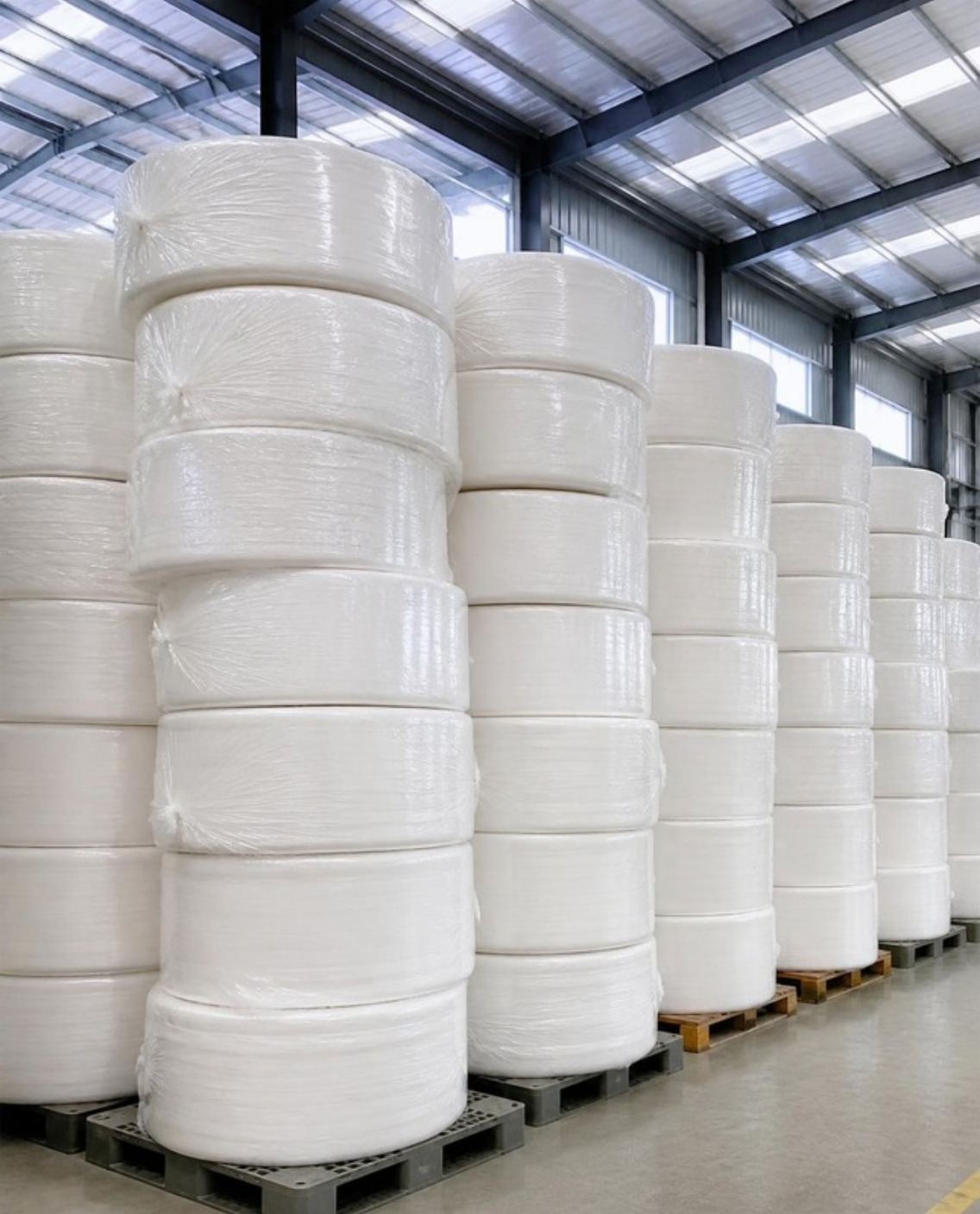 White nonwoven fabric rolls stacked in a warehouse, ready for a nonwoven fabric supplier order